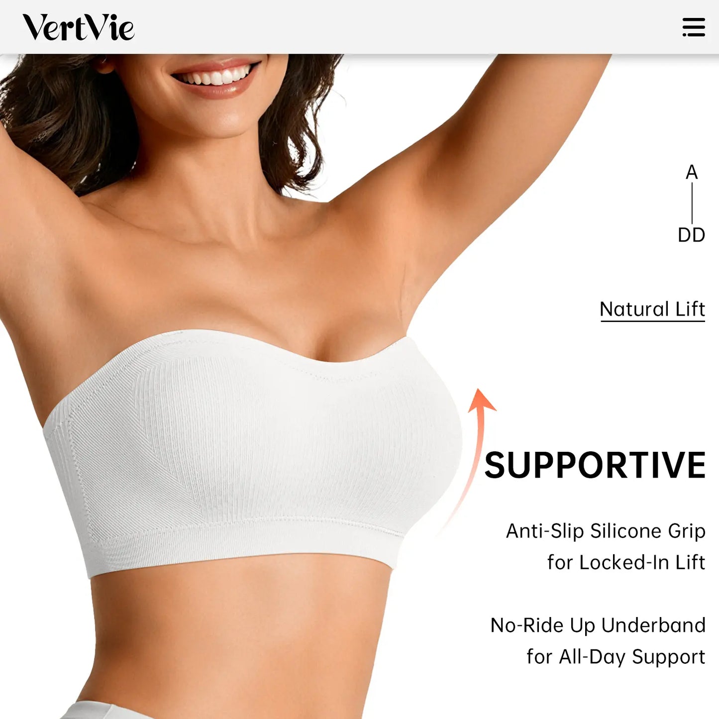Vertvie｜Zoe Stay Put Bandeau Bra, Strapless Bra Wireless Seamless Comfort Day